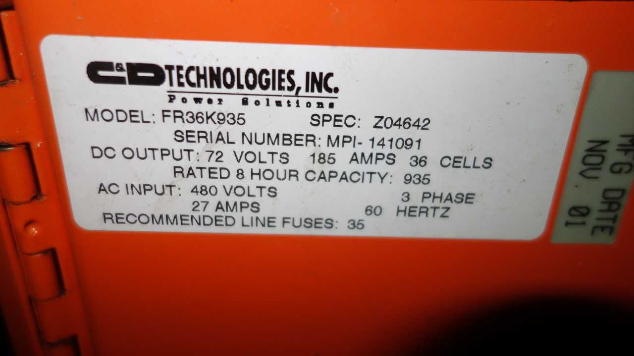 C & D TECHNOLOGIES FR36K935 FERRO FIVE BATTERY CHARGER 480V-AC IN 72V-DC OUT - MATERIAL HANDLING