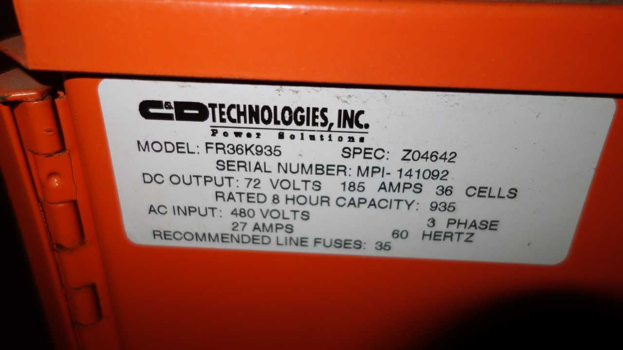 C & D TECHNOLOGIES FR36K935 FERRO FIVE BATTERY CHARGER 480V-AC IN 72V-DC OUT - MATERIAL HANDLING