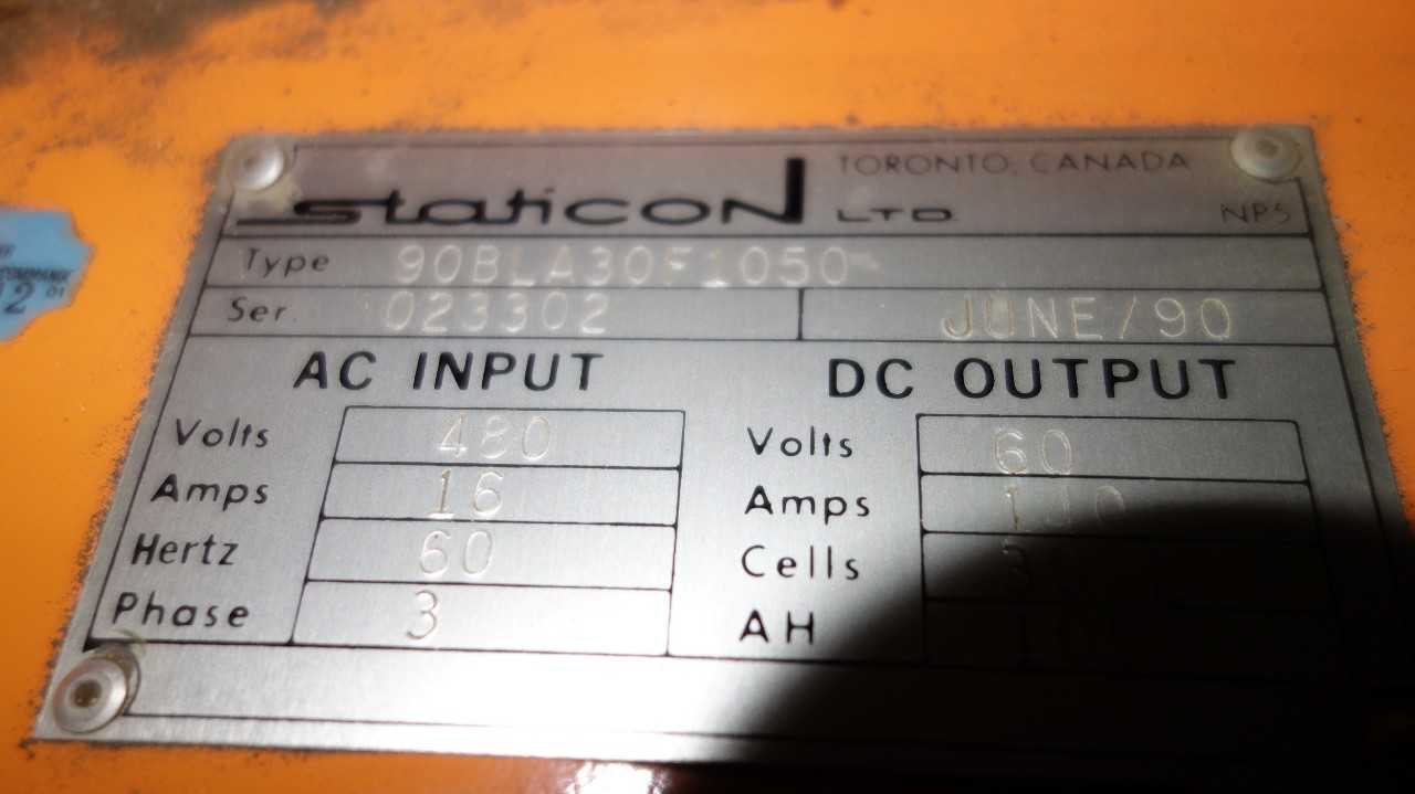 STATICON 90BLA30F1050 BATTERY CHARGER POWER SUPPLY 480V-AC IN 60V-DC OUT - MATERIAL HANDLING
