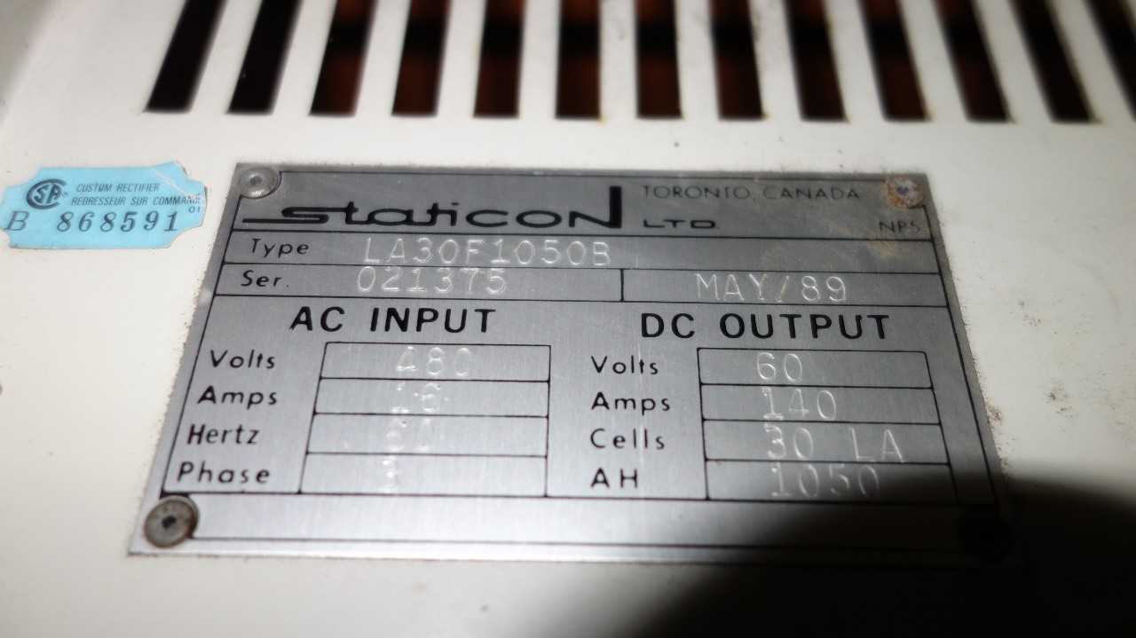 STATICON LA30F1050 BATTERY CHARGER POWER SUPPLY 480V-AC IN 60V-DC OUT - MATERIAL HANDLING