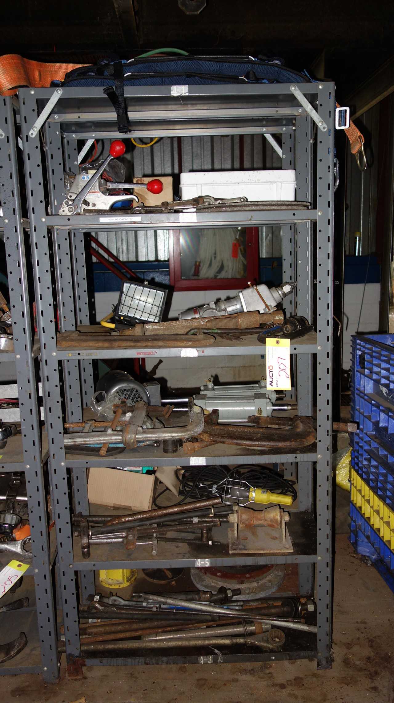 CONTENTS OF SHELF - MISCELLANEOUS HAND TOOLS, STRAPPERS, CLAMPS, SLINGS, RODS - ELECTRIC POWER TOOLS