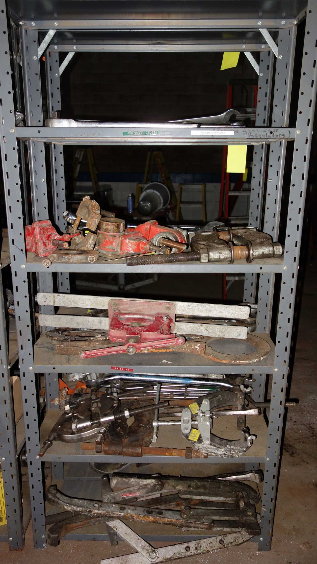 CONTENTS OF SHELF - MISCELLANEOUS HAND TOOLS, RATCHETS, CLAMPS, GRIPPERS, VALVES - ELECTRIC POWER TOOLS