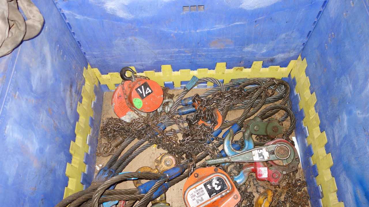 PALLET OF ASSORTED MANUAL CHAIN HOISTS, SLINGS, 1/4 - 3 TON, CM, KITO, VULCAN - LIFTING EQUIPMENT