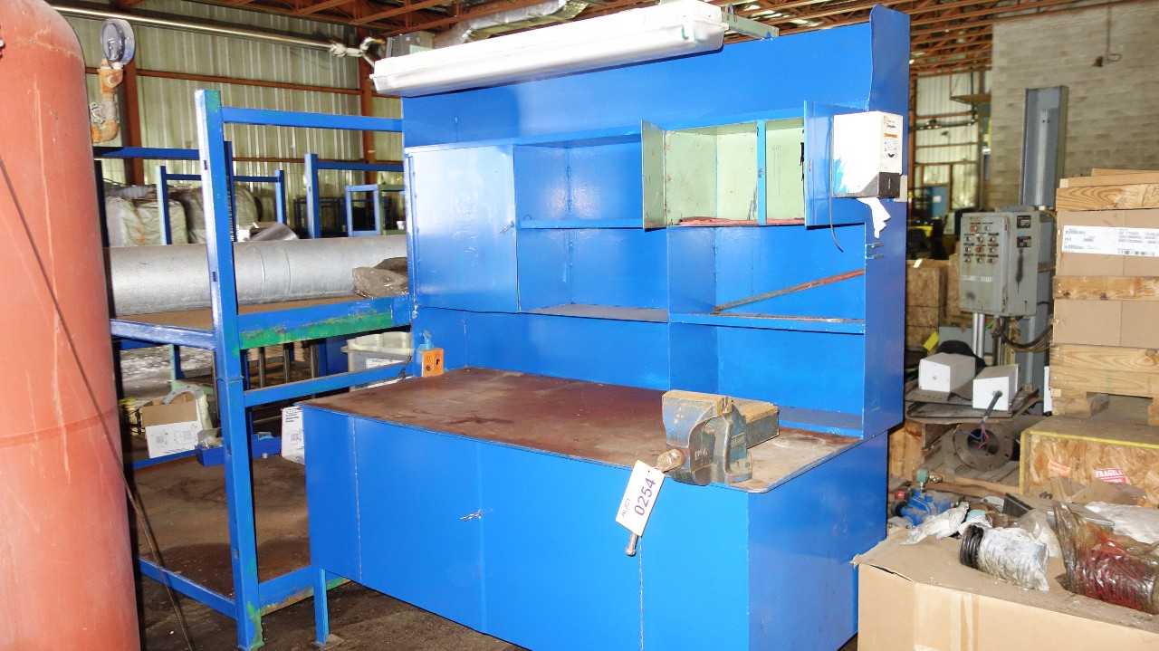 STEEL WORK TABLE W/ 3 SHELF CABINET, RECORD NO 6 TABLE VICE - ELECTRIC POWER TOOLS