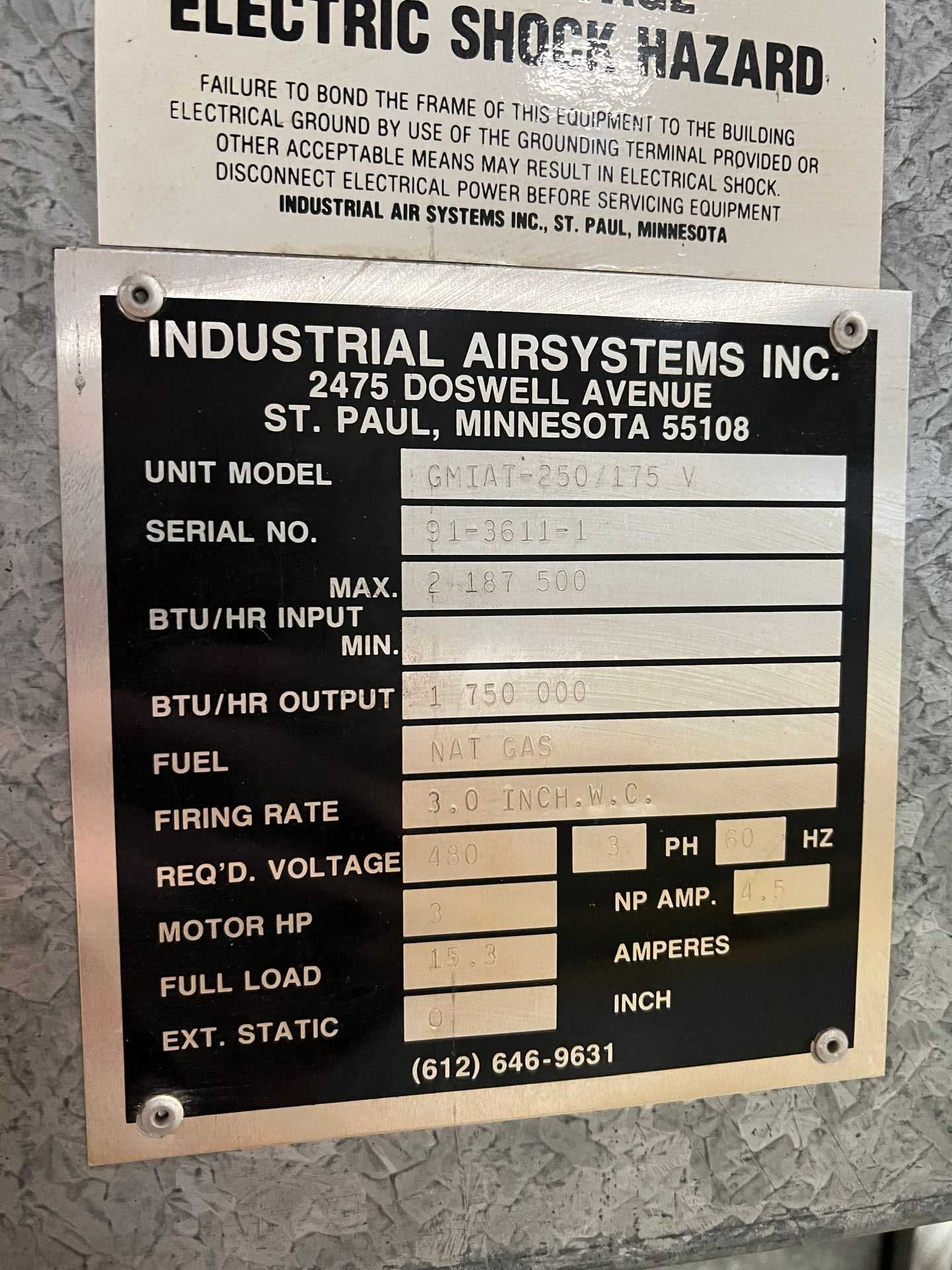 INDUSTRIAL AIRSYSTEMS GMIAT-250/175V HEATER - HVAC EQUIPMENT INDUSTRIAL AIRSYSTEMS GMIAT-250/175V HEATER - HVAC EQUIPMENT