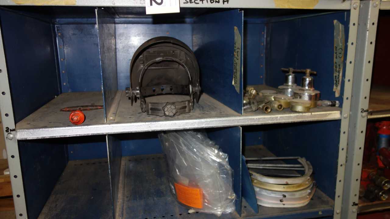 CONTENTS OF SHELVES - WELDING SUPPLIES, HOSES, FACE MASK, REGULATORS, - WELDING EQUIPMENT