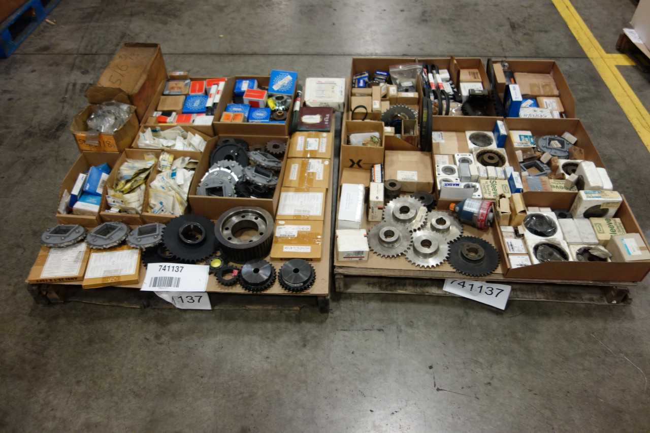 2 PALLETS OF ASSORTED BEARINGS, COUPLINGS, SPROCKETS- DODGE, MARTIN, BROWNING - BEARINGS