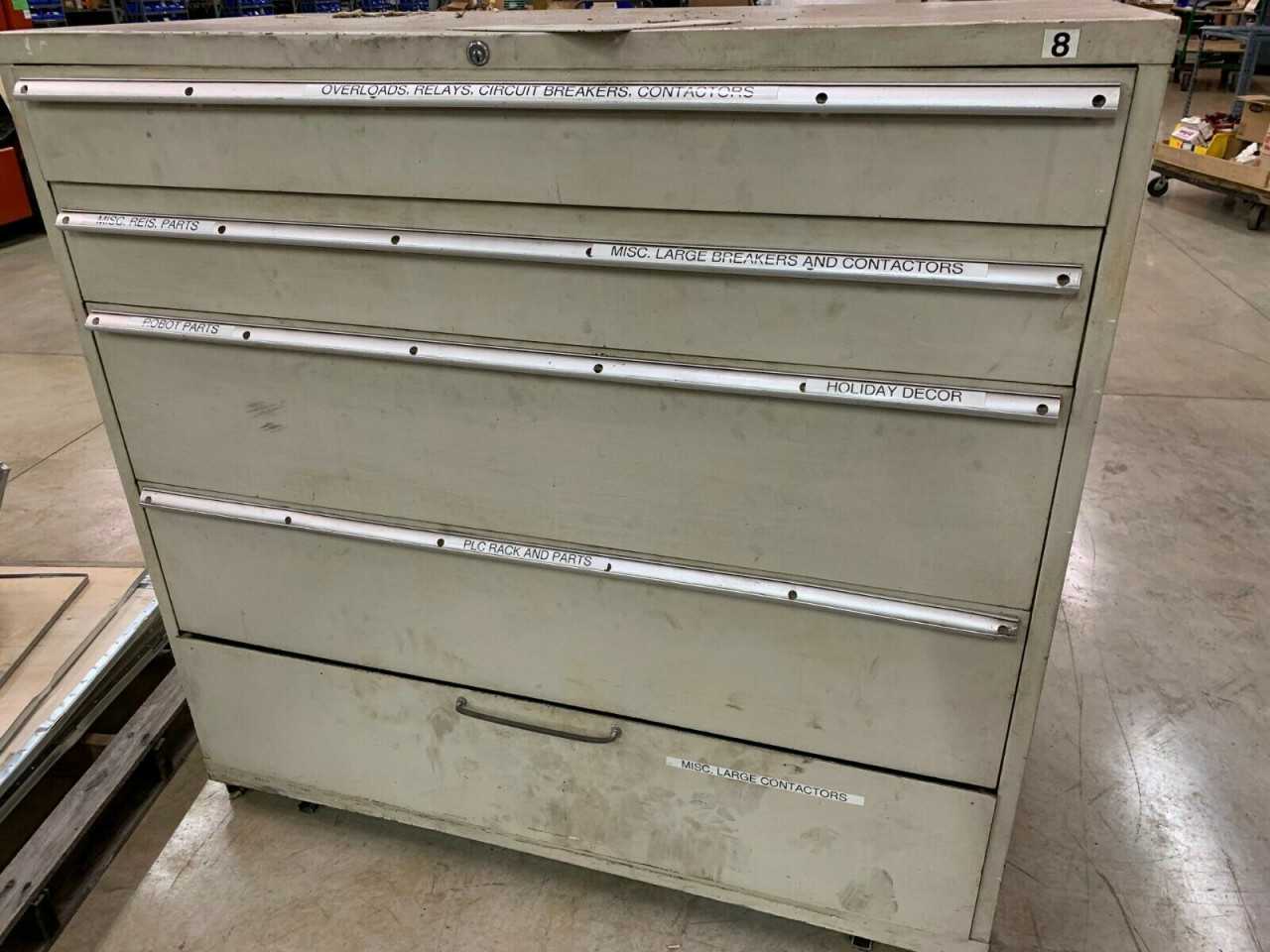 Used Stanley Vidmar style 5 Drawer cabinet tool parts storage 54 Tall 56 WIDE - TOOL STORAGE