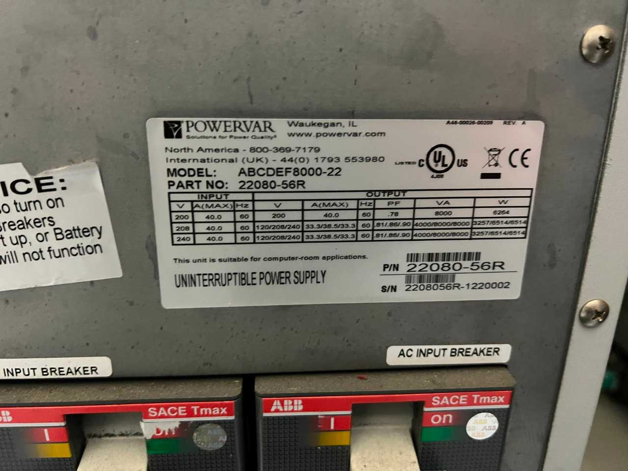 POWERVAR SECURITY PLUS 8KVA UPS - SAFETY SWITCH