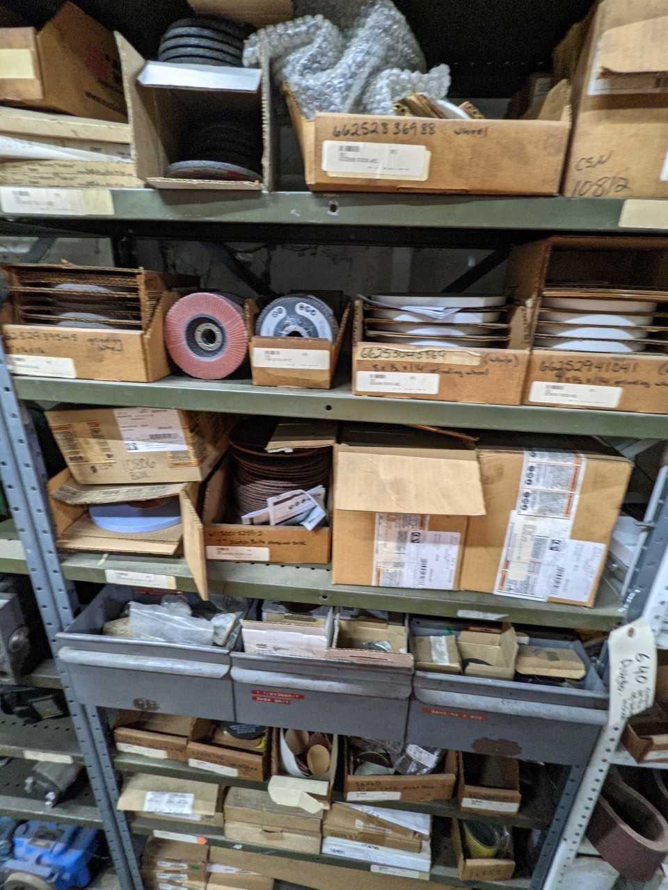 CONTENTS OF 3 SHELVES GRINDING WHEELS , SANDER BELT - MISCELLANEOUS