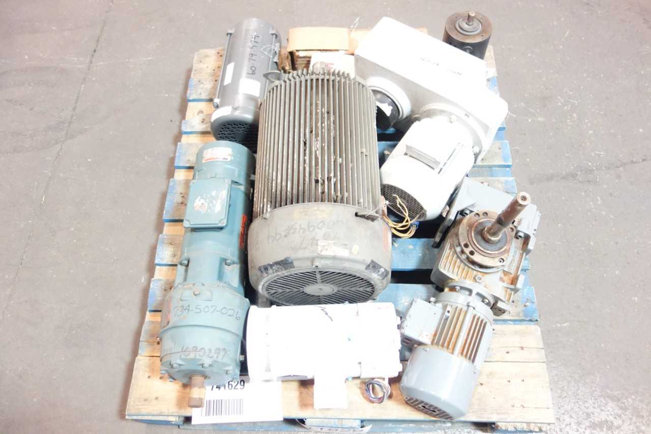 1 PALLET OF ASSORTED ELECTRICAL AC MOTORS, STEEL MOTOR BASE- SEW EURODRIVE, BALDOR, RELIANCE - ELECTRIC MOTORS