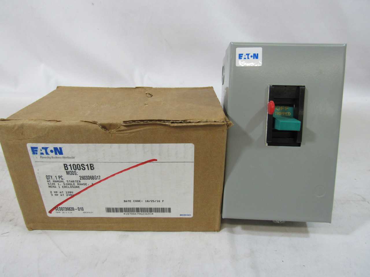(4) Eaton B100S1B Manual Starter AC 2P 20A 240VAC 1Ph 3HP - MOTOR STARTERS