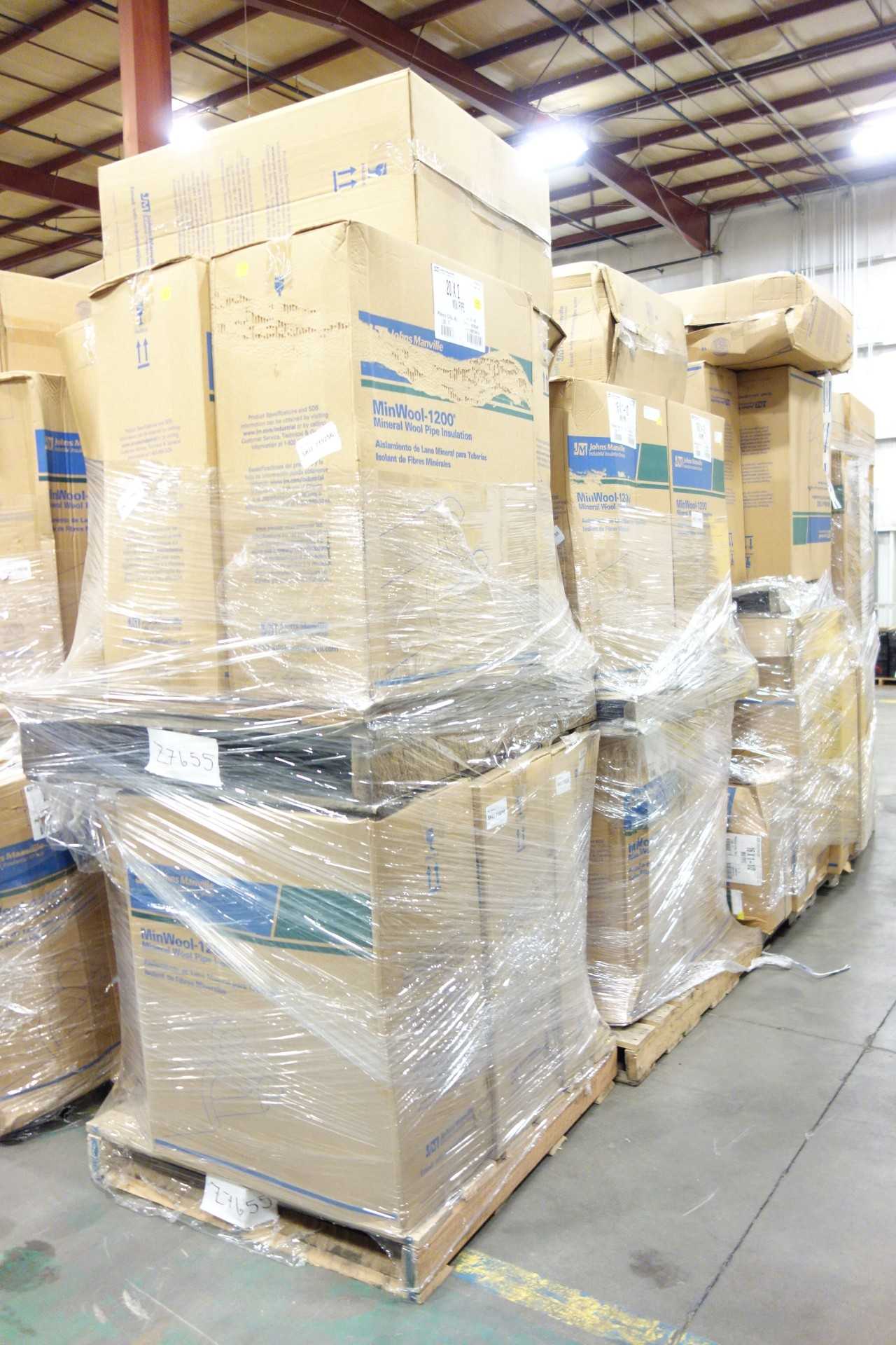 14 PALLETS OF ASSORTED JOHNS MANVILLE MINWOOL 1200 MINERAL WOOL PIPE INSULATION - HAND TOOLS