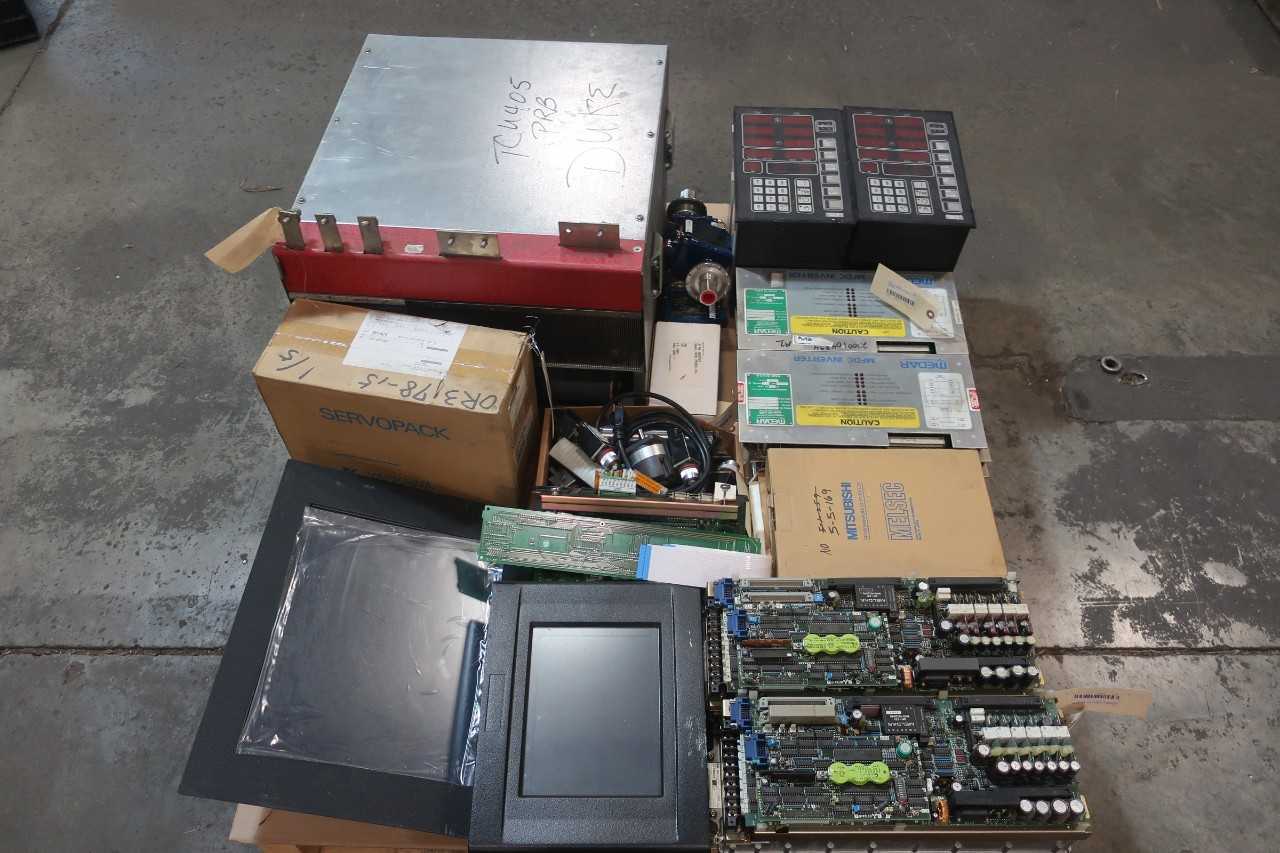 1 PALLET OF CIRCUIT BOARDS, SWITCH CONT, SERVO CONT, POWER SUPPLY, SERVO PACK AMP, OPERATOR INTERFACE PANEL- ALLEN BRADLEY, MEDAR, MITSUBISHI, EZ AUTOMATION, YASKAWA, POWER X - AUTOMATION & CONTROLS