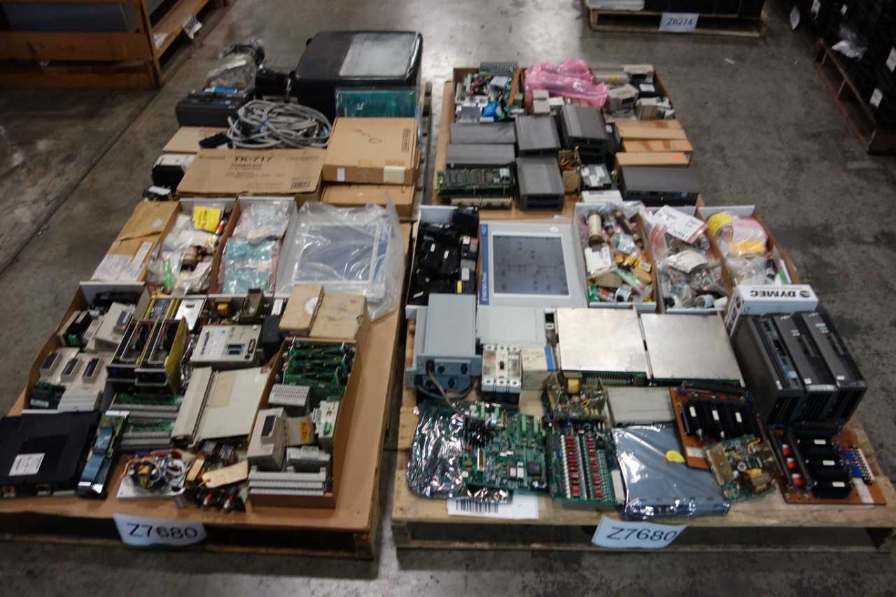 4 PALLETS OF ASSORTED ELECTRICAL - LIGHTING, CIRCUIT BOARDS, MODULES, TONER KIT, CABLES, FUSES, BREAKERS, IPANELS, TRANSORMERS, MISCELLANEOUS - ALLEN BRADLEY, NEW HUBBELL, OMRON, WESTINGHOUSE, KRONES - ELECTRICAL COMPONENTS