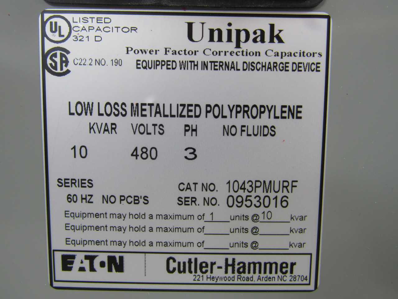Quantity 3 of Eaton 1043PMURF Capacitor 480V 60Hz 3Ph - CONTROL TRANSFORMERS