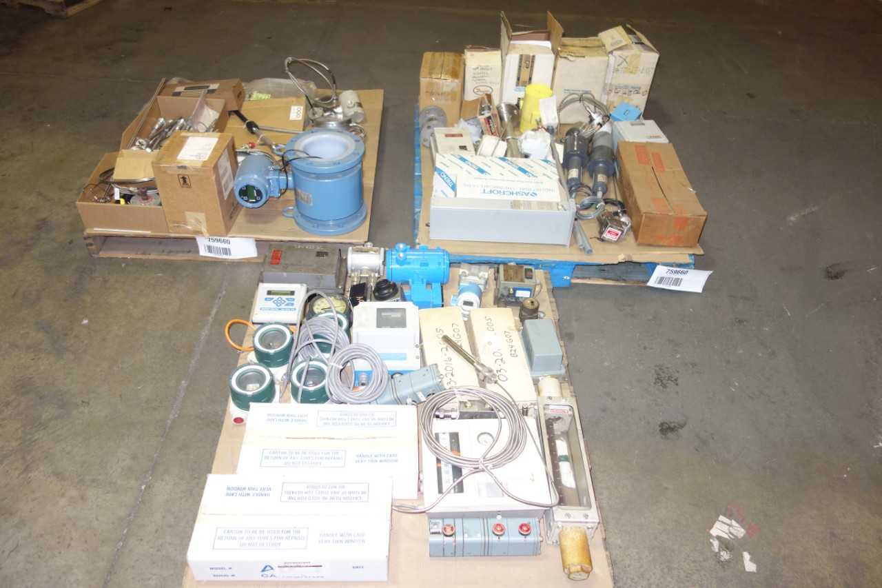 3 PALLET OF ASSORTED, METERS CONTROLS, ASSORTED SENSORS, PRESSURE GAUGES, THERMOMETERS, TRANSMITTERS AND ACCESSORIES - INSTRUMENTATION