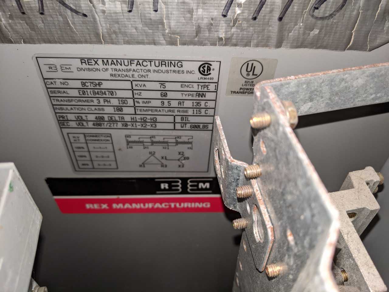 REX 75KVA 480/277V-AC TRANSFORMER BC75HP - CONTROL TRANSFORMERS