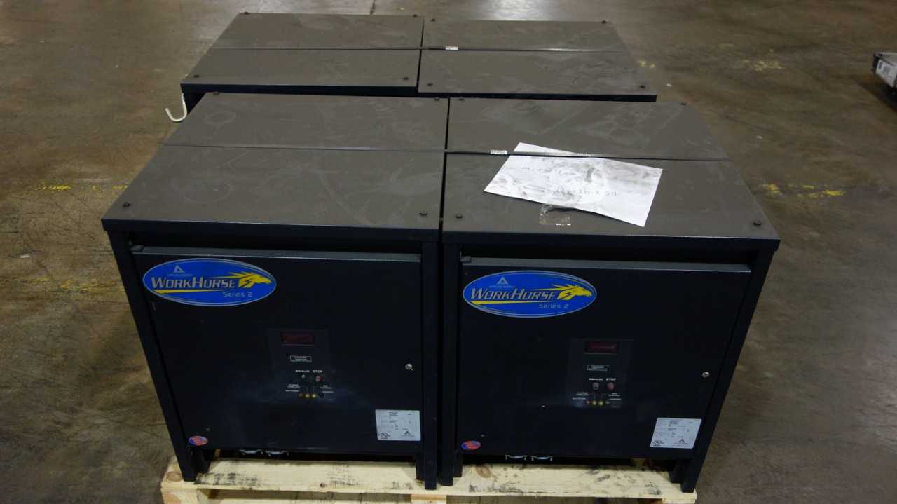 LOT OF 4 APPLIED ENERGY 18R1050E3D 36V-DC WORK HORSE SERIES 2 INDUSTRIAL BATTERY CHARGERS 208/240/480V-AC IN - ELECTRICAL COMPONENTS