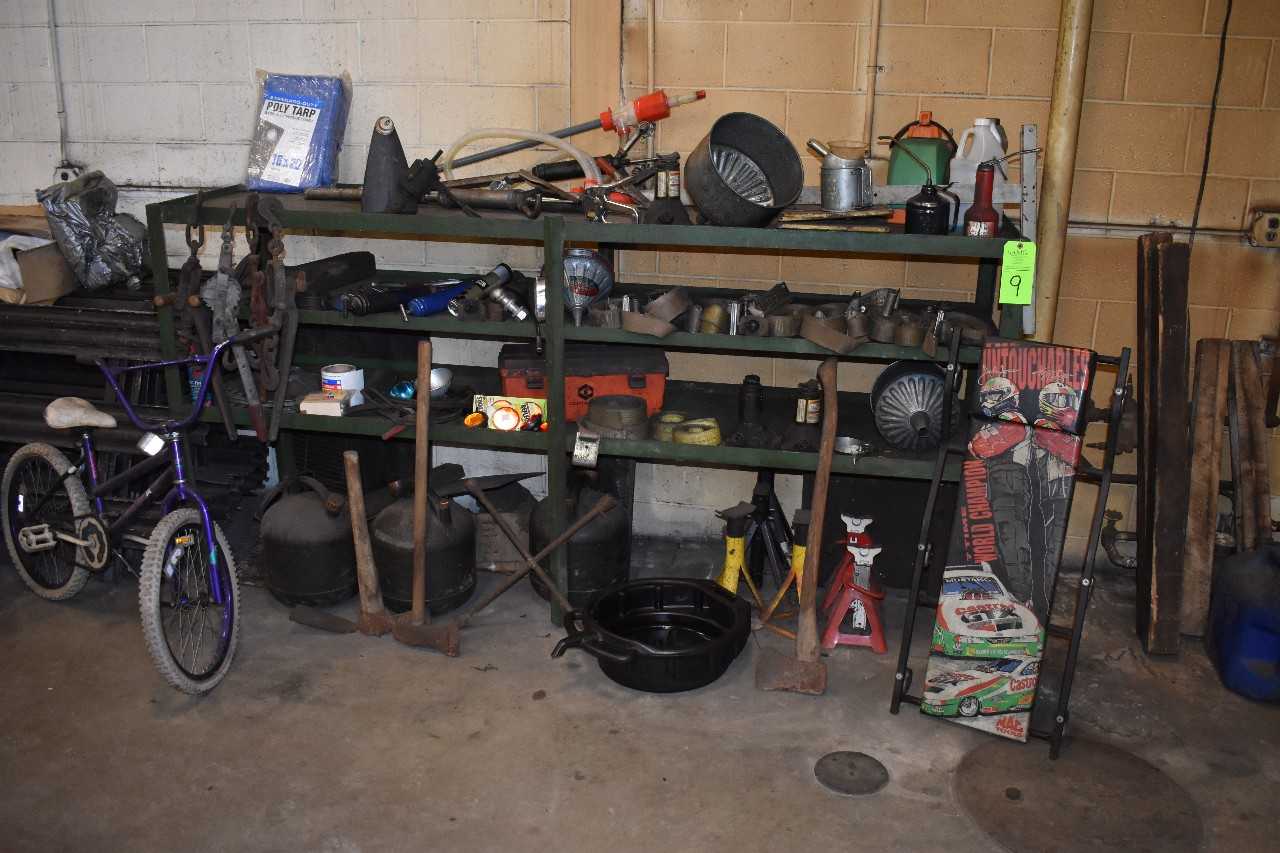 Rack w/ Automotive Contents, Barrel Pumps, Bicycle etc. - MISCELLANEOUS