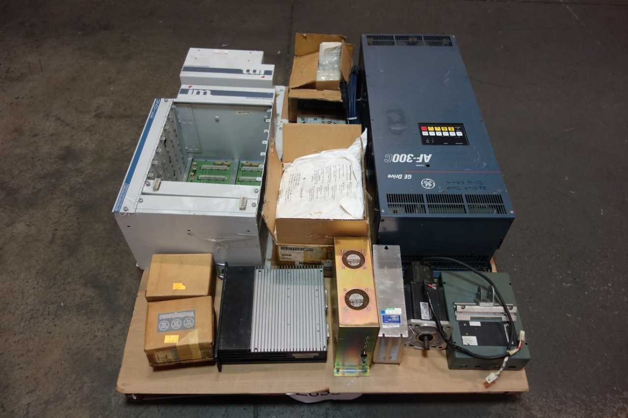 1 PALLET OF ASSORTED ELECTRICAL- RELAYS, AC MOTOR DRIVE, SERVO MOTOR- WESTINGHOUSE, INDRAMAT, GENERAL ELECTRIC - ELECTRIC MOTORS