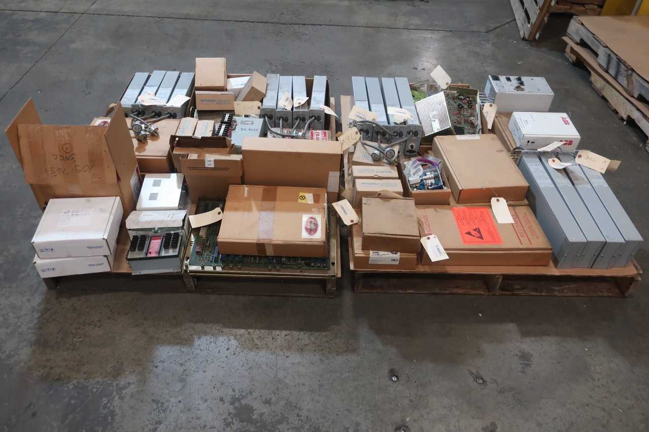 2 PALLETS OF ASSORTED ELECTRICAL CIRCUIT BOARDS, MOTOR TEST ACCESS PORT, CONTROLS, MODULE, 63U-AC-OHAA-F M/63U OTHER PLC AND DCS MODULE- FOXBORO, BAILEY, PDMA CORP, GENERAL ELECTRICS, GROUPE SCHNEIDER, ABB, EDWARDS, MITSUBISHI - AUTOMATION & CONTROLS