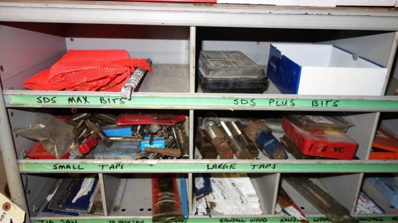 LOT OF ASSORTED DRILL BITS, TAPS, DIES, SETS, SAWZALL BLADES - ELECTRIC POWER TOOLS