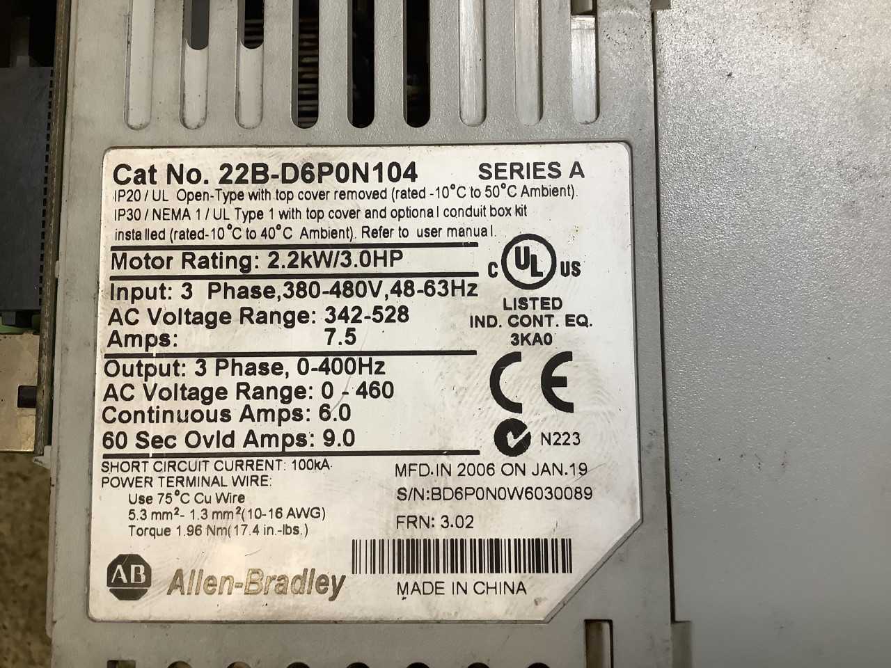 Allen-Bradley 22B-D6P0N104 PowerFlex 40 AC Drive - MOTOR DRIVES