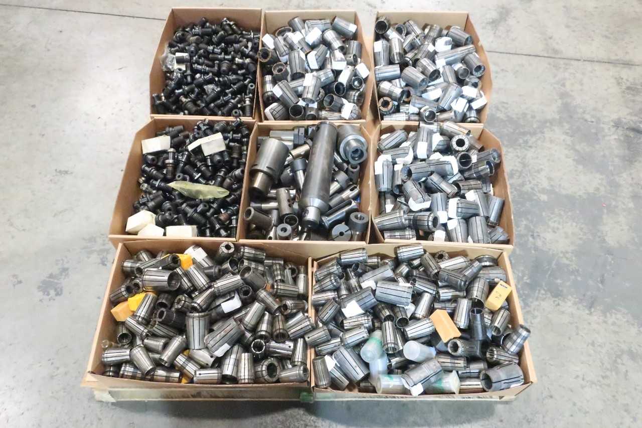 1 PALLET OF ASSOTED COLLETS, PULL STUDS, BUSHINGS, ACCESSORIES- KENNAMETAL, ERICKSON, D'ANDREA, TECHNIKS - TOOL HOLDERS