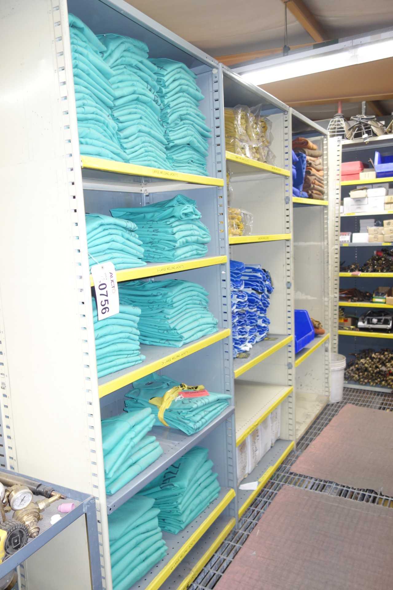 Contents of 3x sections shelving - welding jackets, gloves, leather chaps - SHELVING