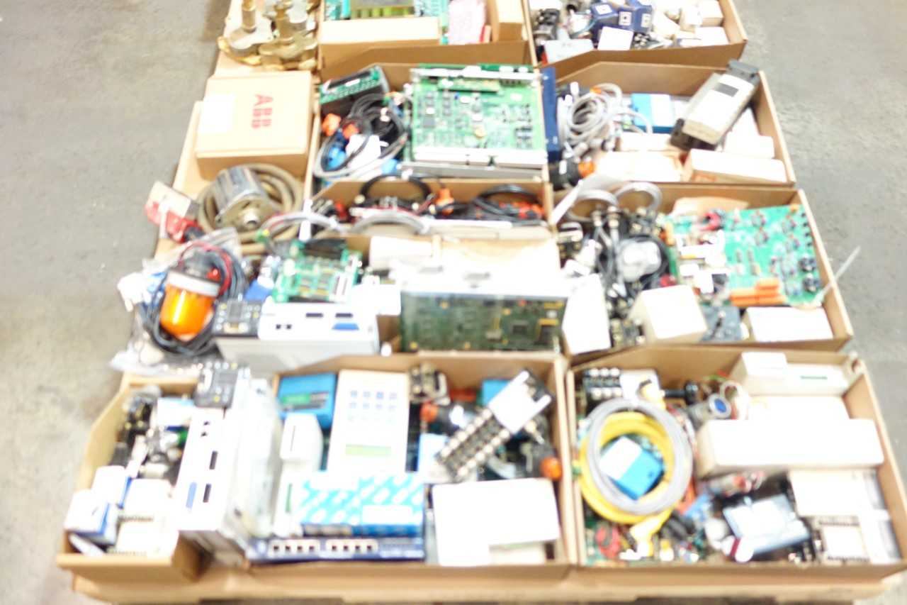 2 PALLETS OF ASSORTED ELECTRICAL PHOTOELECTRIC SENSORS, CABLE-WIRE CONTROLS, MICRO SWITCHES- ALLEN BRADLEY, SICK, ABB - ELECTRICAL COMPONENTS