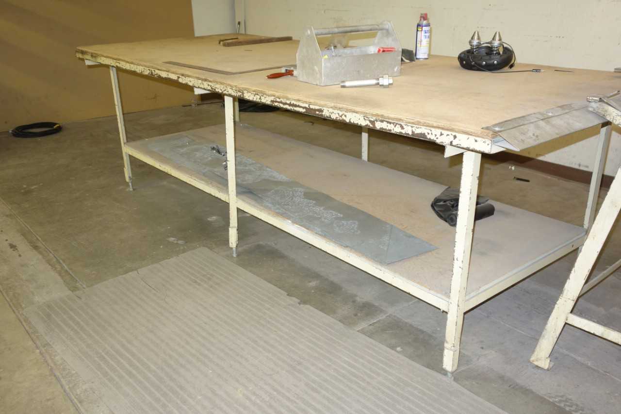 Lot of 2 Work Table with Wooden Surface and Contents 10' x 4' x 3' - MATERIAL HANDLING