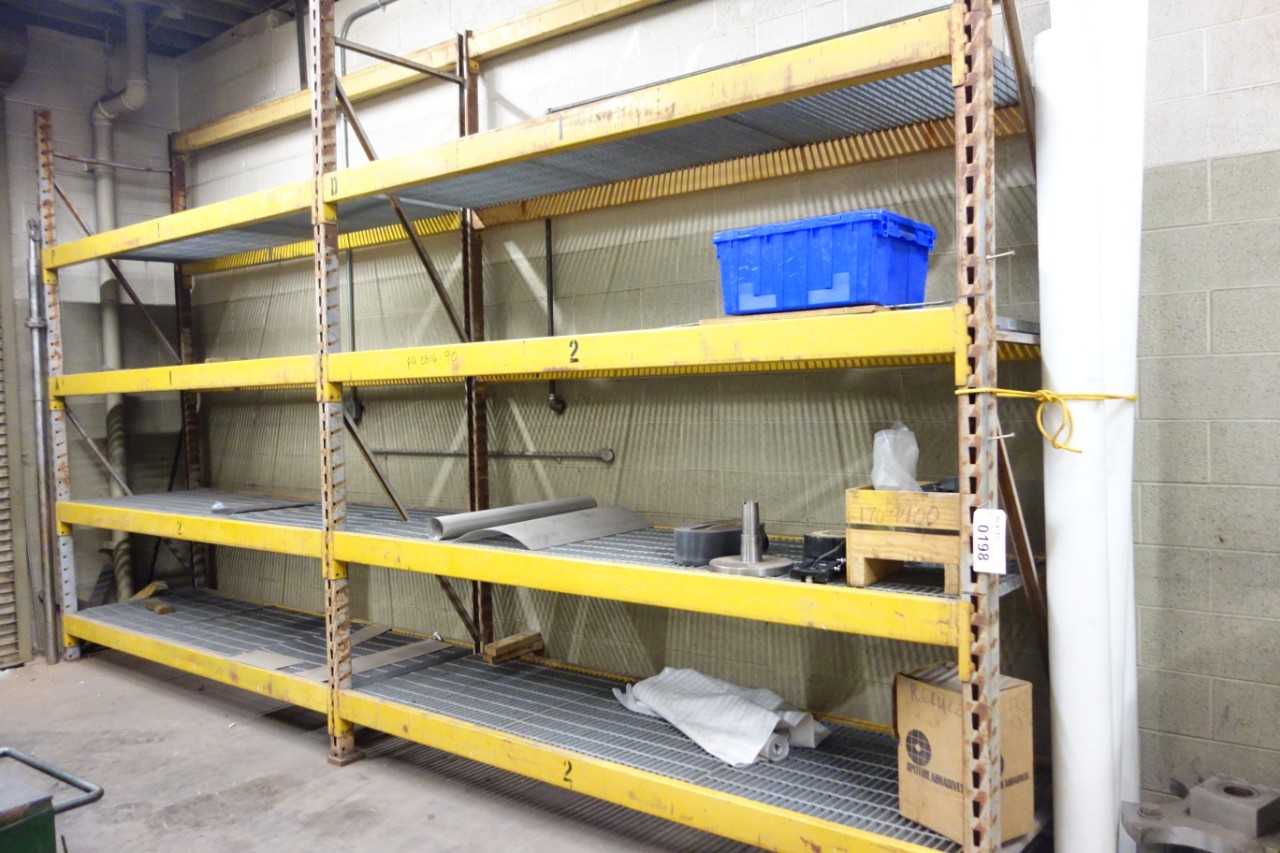 Lot of 3 sections of pallet racking with contents - 36" width, 10' and 11' uprights, 9' beams - PALLET RACKING