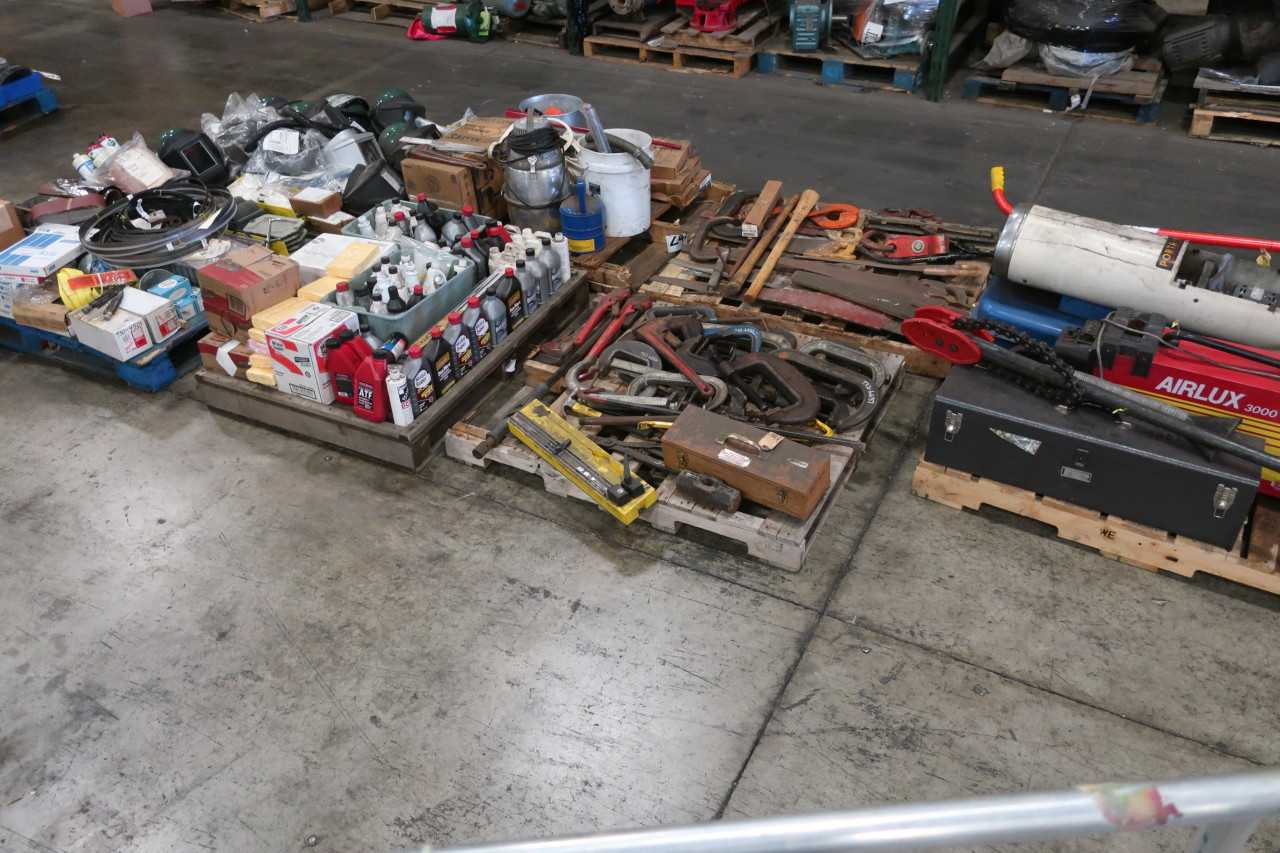 7 PALLETS OF ASSORTED TOOLS OIL LUBRICANTS DOLLY WELDER HEATER - MISCELLANEOUS