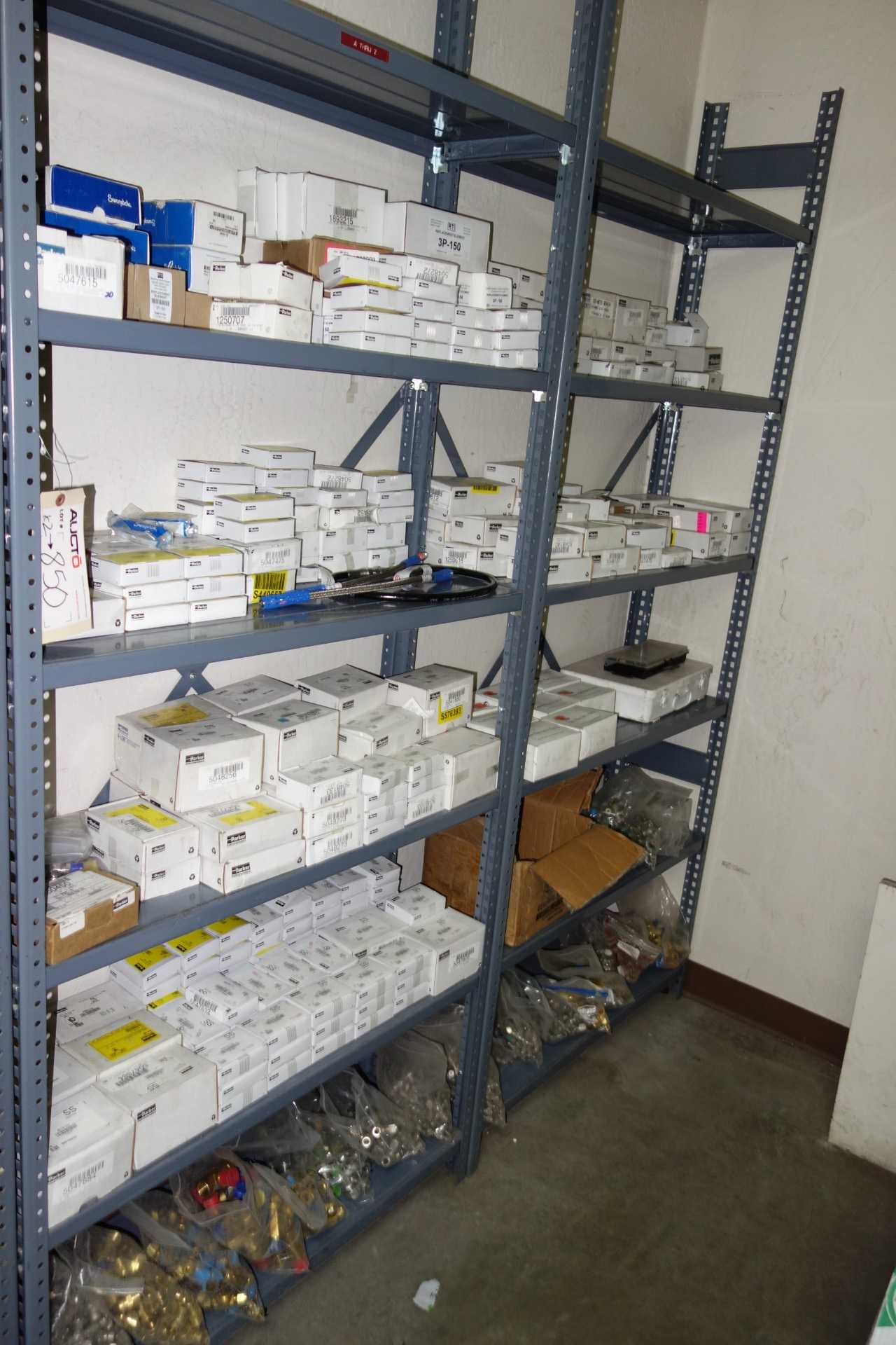 Lot of 2 Shelving Sections, Contents Only - Parker, Swagelok Brass and Stainless Instrumentation Fittings - INDUSTRIAL PARTS