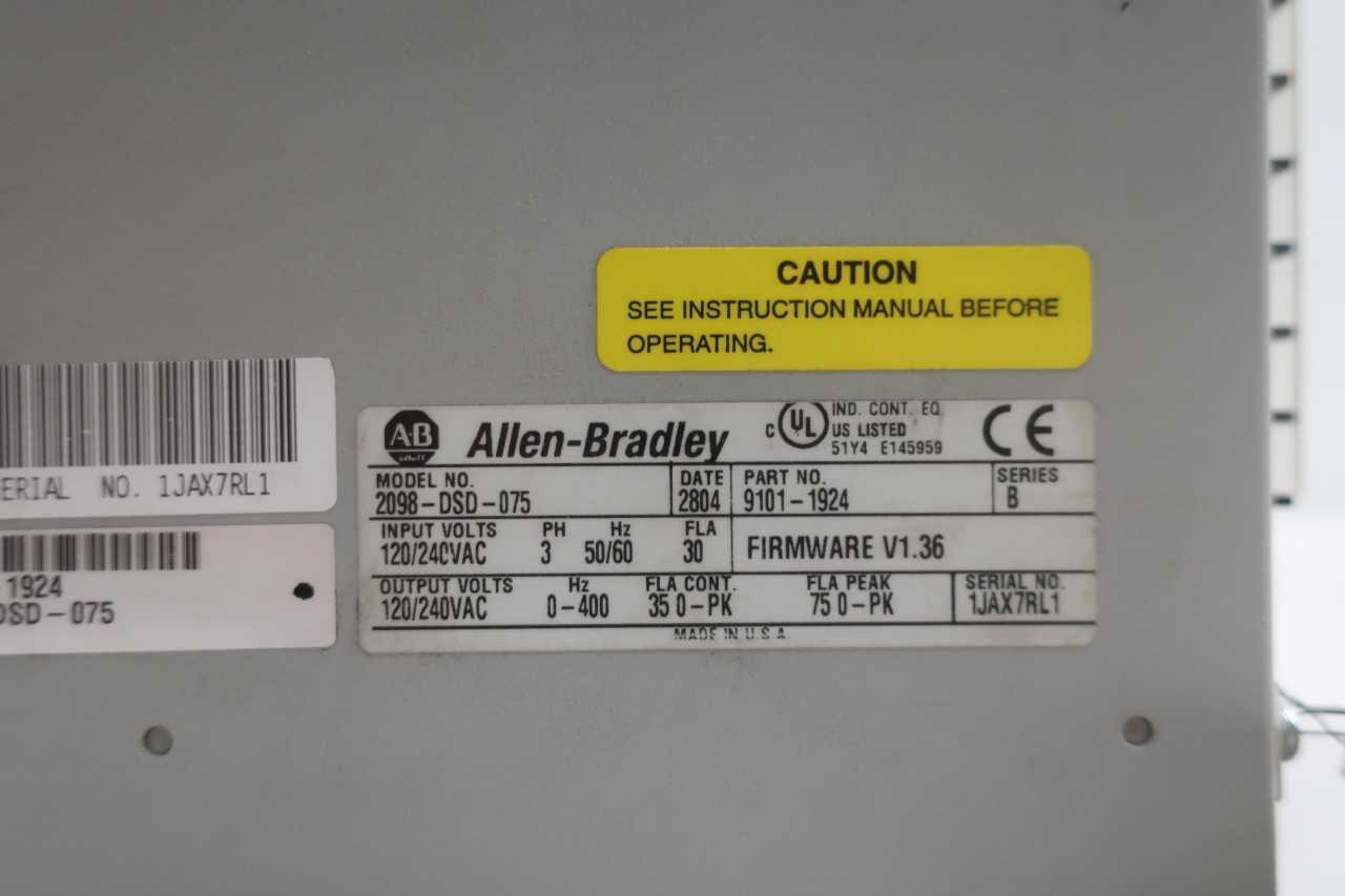ALLEN BRADLEY 2098-DSD-075 SERVO DRIVE 0-400HZ 120/240V-AC 120/240V-AC 3PH - SERVO