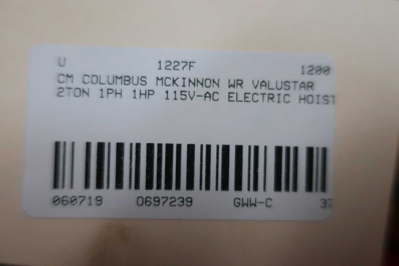 CM COLUMBUS MCKINNON WR VALUSTAR 2TON 1PH 1HP 115V-AC ELECTRIC HOIST - LIFTING EQUIPMENT