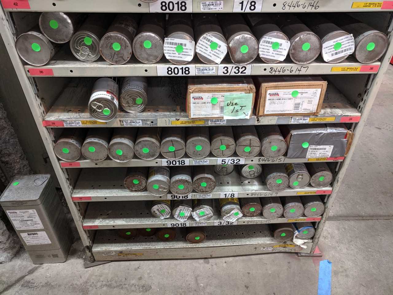 CONTENTS OF SHELVES WELDING RODS, RADNOR, LINCOLN ELECTRIC, ESAB, ARC AIR - WELDING EQUIPMENT