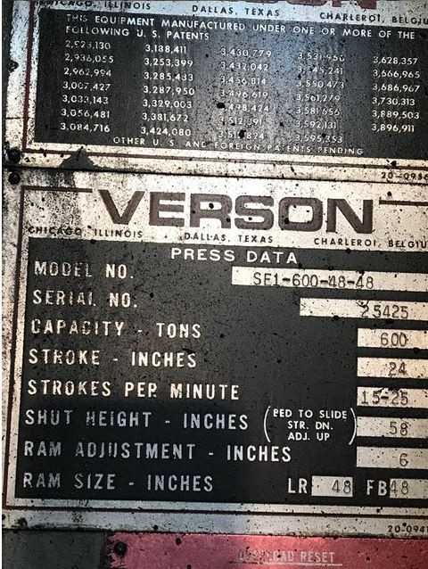 VERSON 600 TON SSSC PRESS MODEL SE1-600-48-48 - PRESSES