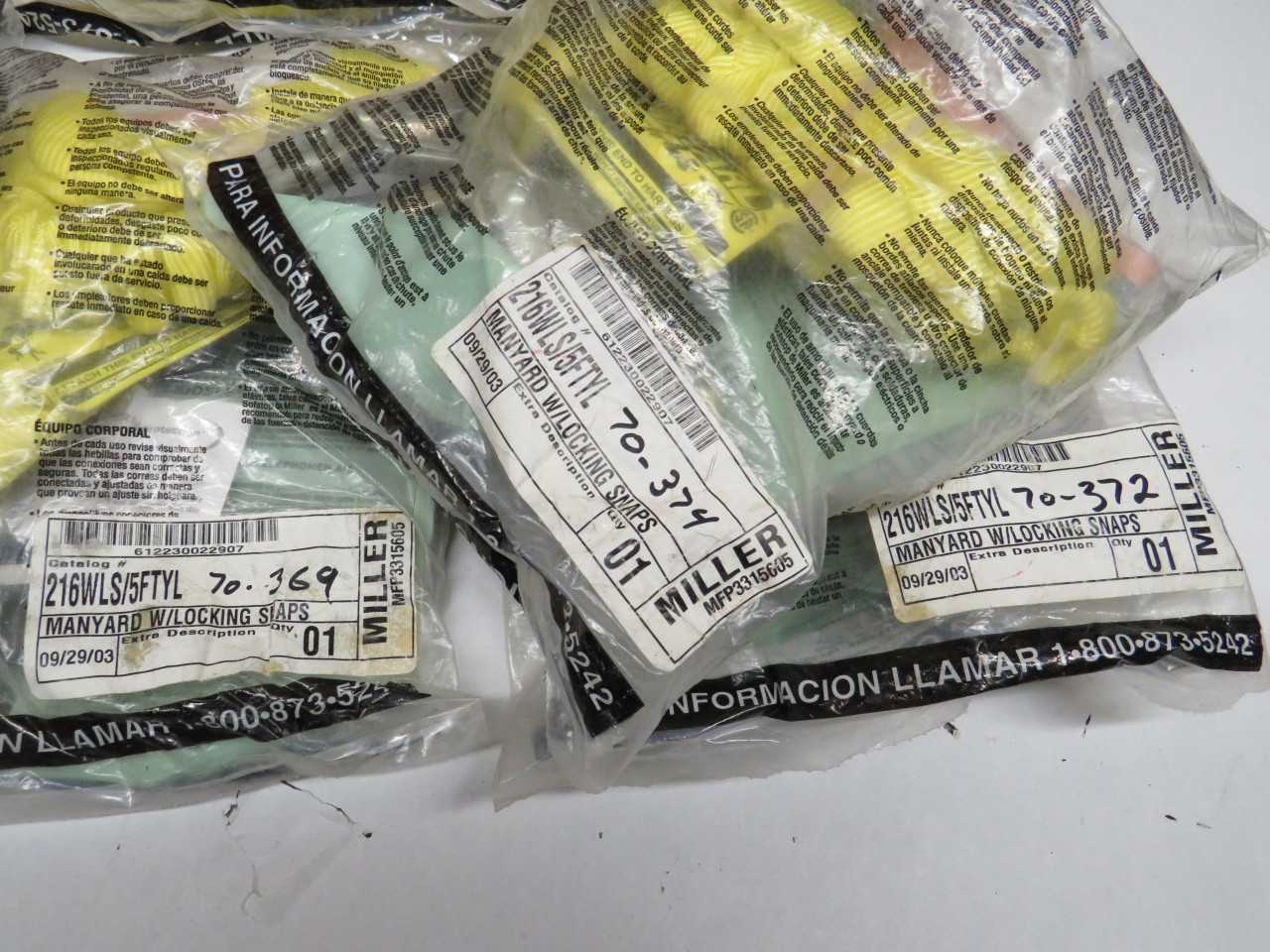 LOT OF 5 MILLER 216WLS/5FTYL MANYARD W/ LOCKING SNAPS - SAFETY EQUIPMENT