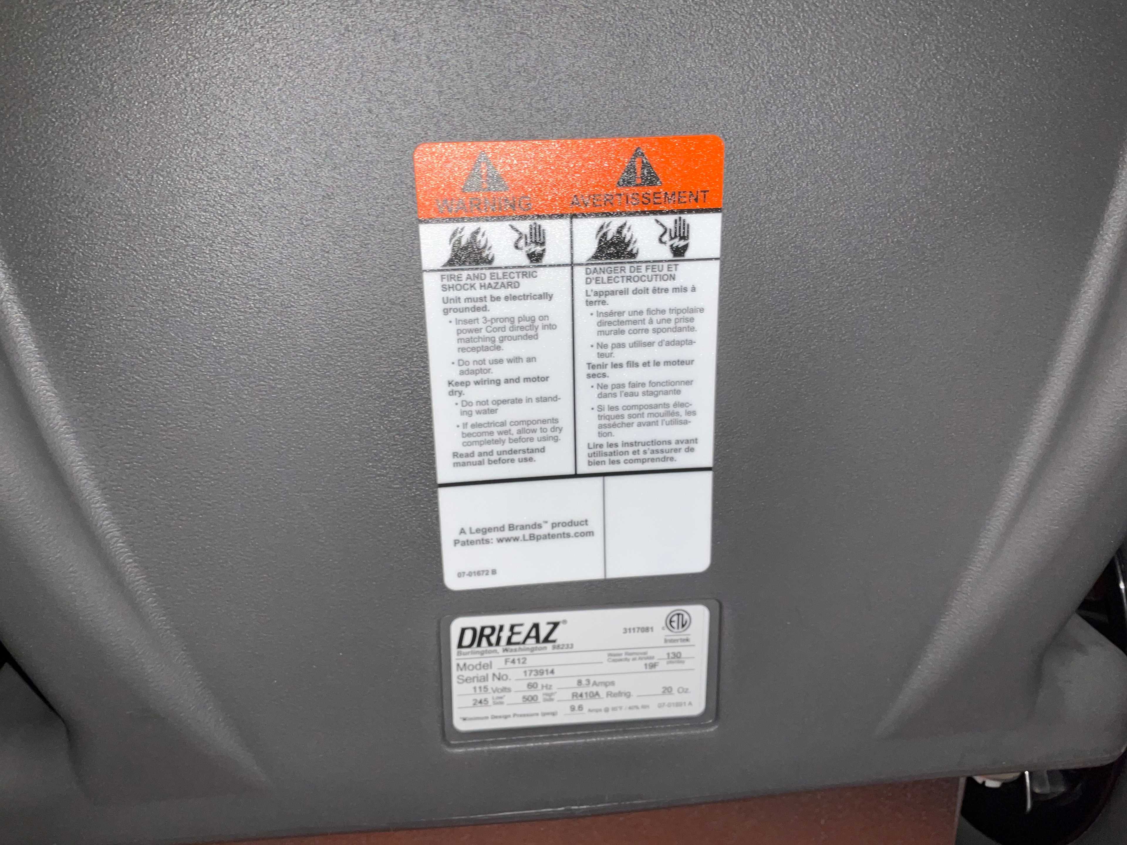 DRI-EAZ LGR 7000XLI F412 DEHUMIDIFIER - DEHUMIDIFIER