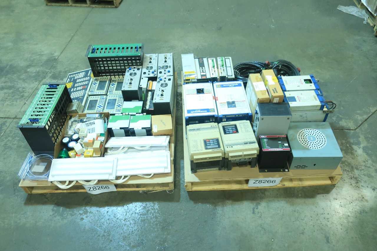2 PALLETS OF ASSORTED ELECTRICAL - SERVO DRIVES, ANTENNA CONTROLS, VFD DRIVES, MODULES, SENSORS, SWITCH CONTROLS, MISCELLANEOUS - SQUARE D, TERRAWAVE, ABB,DRANETZ - ELECTRICAL COMPONENTS
