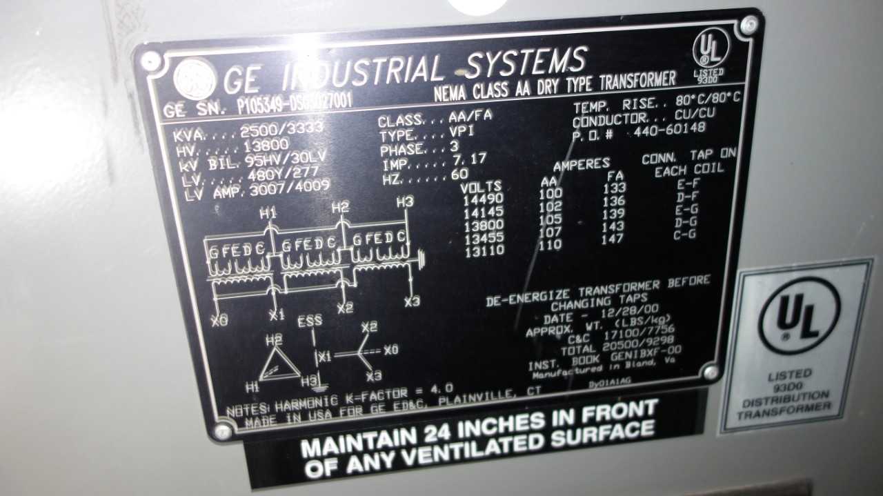 GE 2500 KVA DRY TRANSFORMER - CONTROL TRANSFORMERS