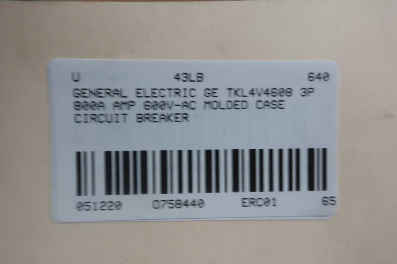GENERAL ELECTRIC GE TKL4V4608 3P 800A AMP 600V-AC MOLDED CASE CIRCUIT BREAKER - CIRCUIT BREAKERS