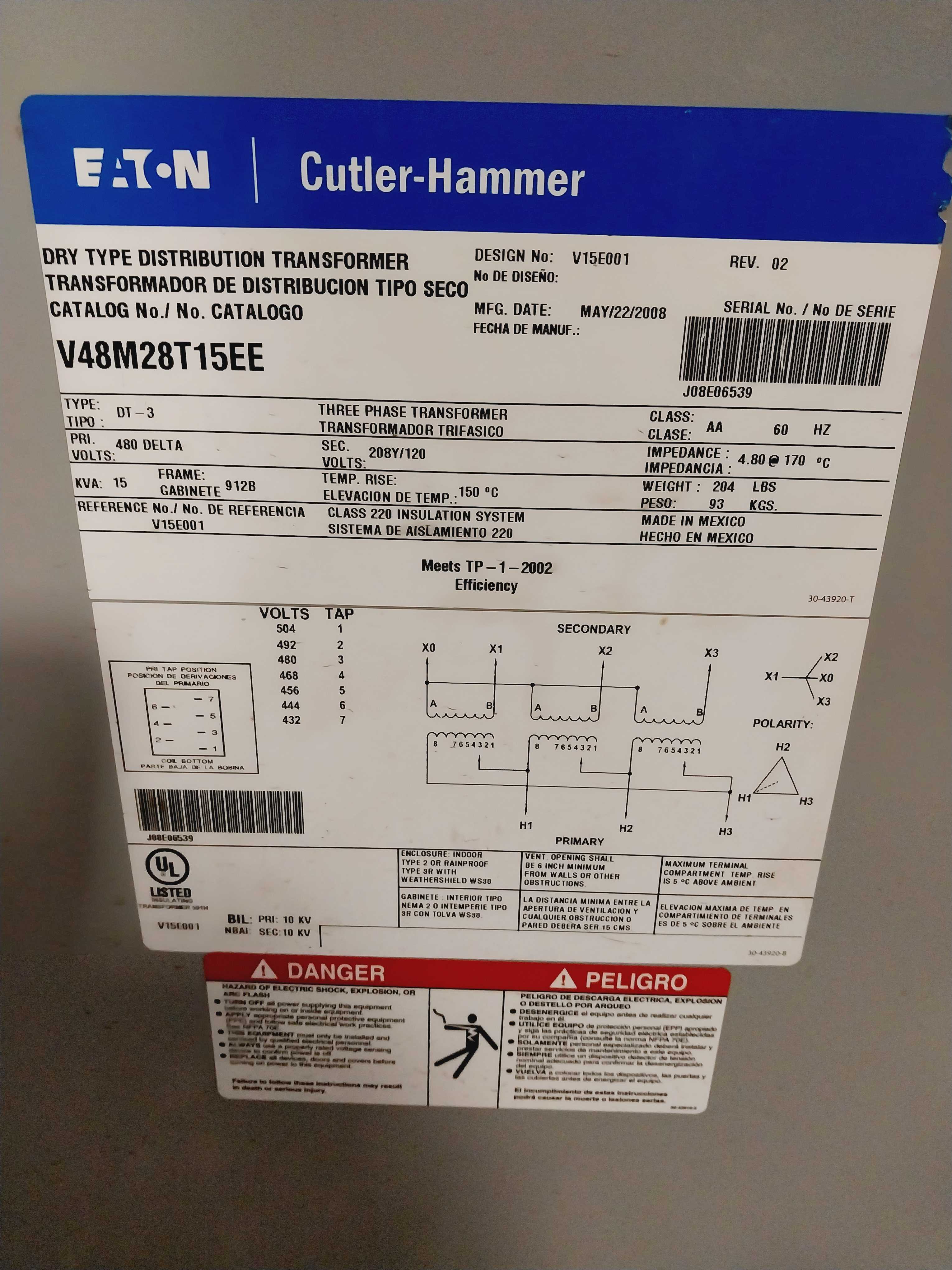 EATON 15 KVA DRY TYPE TRANSFORMER - POWER TRANSFORMERS