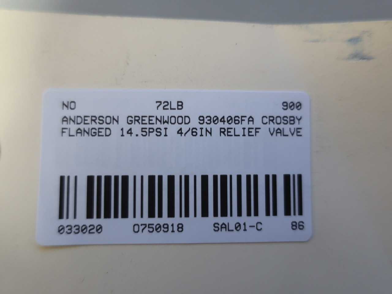 ANDERSON GREENWOOD 930406FA CROSBY FLANGED 14.5PSI 4/6IN RELIEF VALVE - RELIEF VALVE