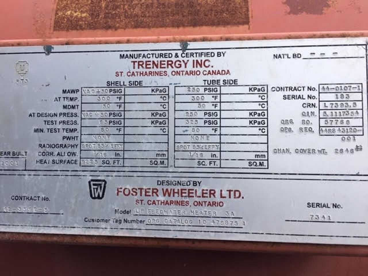 TRENERGY 44-0107-1 LP HEATER SHELL AND TUBE HEAT EXCHANGER