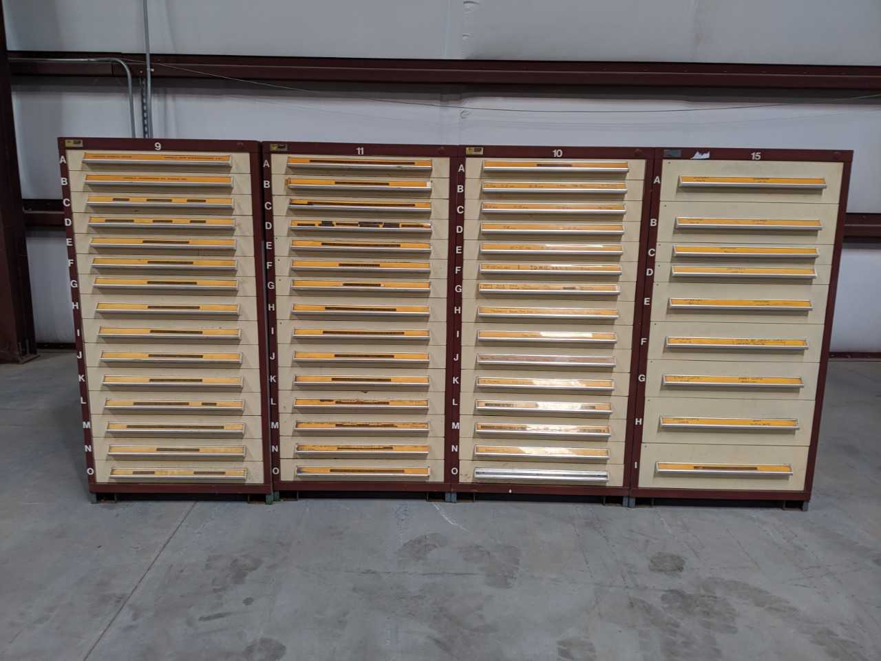 4 STANLEY VIDMAR CABINETS WITH CONTENTS - DRILL BITS, REAMERS, HOSE FITTINGS, BRUSHES, ABRASIVE PADS - TOOL STORAGE