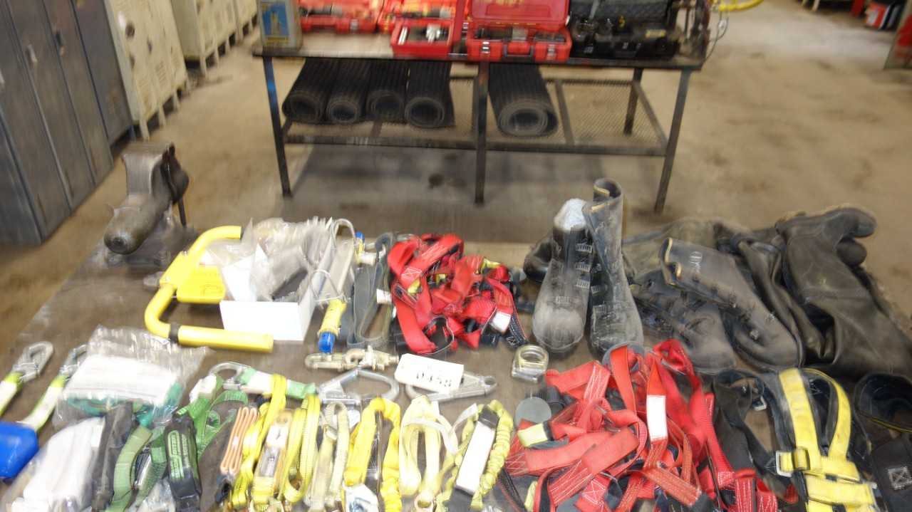 CONTENTS OF TABLE FALL PROTECTION HARNESSES LANYARDS SAFETY GATE ASSORTED RUBBER BOOTS - SAFETY EQUIPMENT