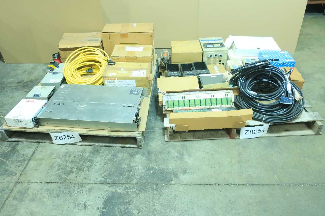 2 PALLETS OF ASSORTED ELECTRICAL CABLE-WIRE CONT, MODULES, MOTOR DRIVE, RACK CONTROLS, SERVO DRIVE, LASER SCANNER, CIRCUIT BOARD CONTROLS- SICK,ABB, GENERAL ELECTRIC, SANYO MACHINE WORKS, YASKAWA, STANLEY, TOBISHA - ELECTRICAL COMPONENTS